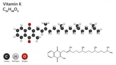 K vitamininin kimyasal yapısı (Phylloquinone). Formül: C31H46O2. 3 boyutlu görüntüleme. Kusursuz döngü. Kimyasal yapı modeli, top ve sopa. Beyaz arkaplan.