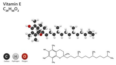 E vitamininin kimyasal yapısı (alfa-Tocopherol). Formül, C29H50O2. 3 boyutlu görüntüleme. Kusursuz döngü. Kimyasal yapı modeli, top ve sopa. Beyaz arkaplan.