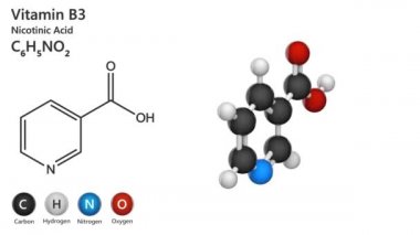 B3 vitamini (nikotinamide). Nikotin asidi olarak da bilinir. Üç boyutlu illüstrasyon. Kimyasal yapı modeli, top ve sopa. Beyaz arka plan. Kusursuz döngü.