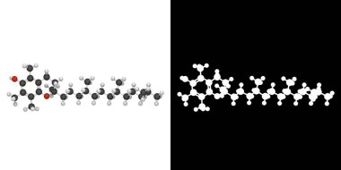 E vitamininin kimyasal yapısı (alfa-Tocopherol). Formül, C29H50O2. Üç boyutlu illüstrasyon. Kimyasal yapı modeli, top ve sopa. RGB + Alpha (Şeffaf) kanalı.