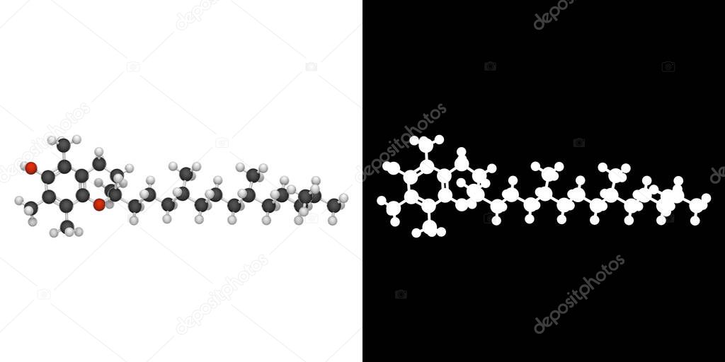 Chemical structure of Vitamin E (alpha-Tocopherol). Formula: C29H50O2. 3D illustration. Chemical structure model: Ball and Stick. RGB + Alpha(Transparent) channel.