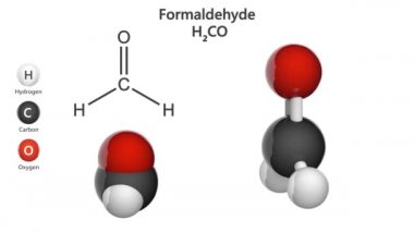 Formaldehit, formülü H2CO veya CH2O olan doğal bir organik bileşiktir. Kimyasal yapı modeli: Top ve Çubuk + Boşluk doldurma. 3 boyutlu görüntüleme. Kusursuz döngü.