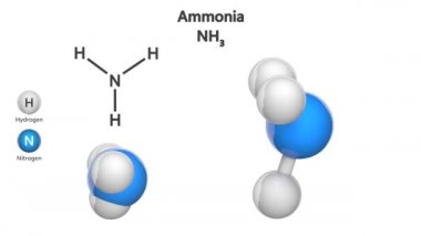 Amonyak (moleküler formül: NH3 veya H3N) renksiz alkali gazdır. Kimyasal yapı modeli: Top ve Çubuk + Boşluk doldurma. 3 boyutlu görüntüleme. Kusursuz döngü. Beyaz arkaplanda izole.