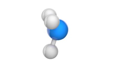 Amonyak (moleküler formül: NH3 veya H3N) renksiz alkali gazdır. Kimyasal yapı modeli, top ve sopa. 3 boyutlu görüntüleme. Kusursuz döngü. Beyaz arkaplanda izole.