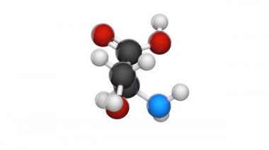 Serin (sembolü Ser veya S) proteinlerin biyosentezinde kullanılan bir amino asittir. Formül: C3H7NO3. 3 boyutlu görüntüleme. Kusursuz döngü. Kimyasal yapı modeli, top ve sopa. Beyaz arkaplan.