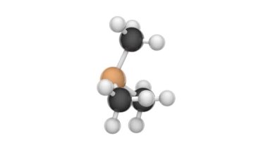 Trimetilfosfin (trimetilfosfat). Formül P (CH3) 3 veya C3H9P. PMe3 olarak kısalt. 3 boyutlu görüntüleme. Kusursuz döngü. Kimyasal yapı modeli, top ve sopa. Beyaz arkaplan.