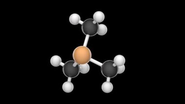 Trimetilfosfin (trimetilfosfat). Formül P (CH3) 3 veya C3H9P. PMe3 olarak kısalt. 3 boyutlu görüntüleme. Kusursuz döngü. Kimyasal yapı modeli, top ve sopa. RGB + Alpha (Şeffaf) kanalı.