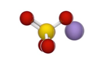 Manganez (II) sülfat, MnSO4 veya MnO4S formülü. 3 boyutlu görüntüleme. Kusursuz döngü. Kimyasal yapı modeli, top ve sopa. Beyaz arkaplan.
