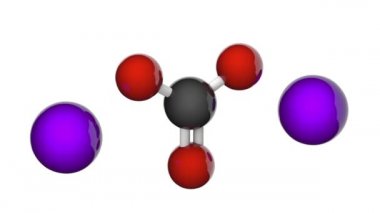 Sodyum karbonat, formül: Na2CO3 veya CNa2O3. Soda külü, çamaşır suyu, soda kristalleri. 3 boyutlu görüntüleme. Kusursuz döngü. Kimyasal yapı modeli, top ve sopa. Beyaz arkaplan.