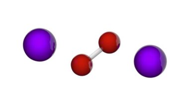 Sodyum peroksit, formül Na2O2. Diğer isimler: diyodyum dioksit, Flocool, Solozone. 3 boyutlu görüntüleme. Kusursuz döngü. Kimyasal yapı modeli, top ve sopa. Beyaz arkaplan.
