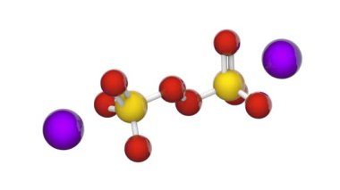 Sodyum persülfat (sodyum peroksodisülfat), Na2S2O8. Suda çözünen beyaz bir katıdır. 3 boyutlu görüntüleme. Kusursuz döngü. Kimyasal yapı modeli, top ve sopa. Beyaz arkaplan.