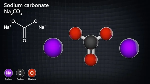 Sodium carbonate, formula: Na2CO3 or CNa2O3. Other names: Soda ash, washing soda, soda crystals. 3D illustration. Chemical structure model: Ball and Stick.