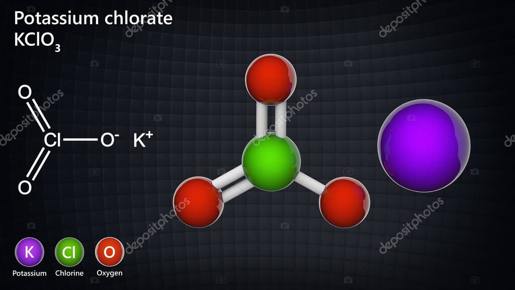 Clorato de potasio (KClO3 o ClKO3). Se utiliza como desinfectante, en  explosivos y fuegos artificiales. Ilustración 3D. Modelo de estructura  química: Bola y Palo. 2023