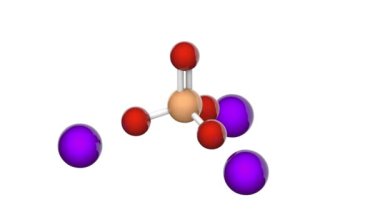 Trisodyum fosfat (TSP), formül Na3PO4 veya Na3O4P. TSP yağ ya da gıda katkı maddesi olarak kullanılır. 3 boyutlu görüntüleme. Kusursuz döngü. Kimyasal yapı modeli, top ve sopa. Beyaz arkaplan.