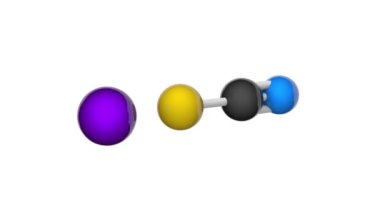 Sodyum tiyosiyanat, formül NaSCN veya CNNaS. Diğer isimler: sodyum rhodanide, sodyum sülfoyanat. 3 boyutlu görüntüleme. Kusursuz döngü. Kimyasal yapı modeli, top ve sopa. Beyaz arkaplan