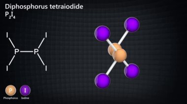 Diphosphorus tetraiodide formülü P2I4 veya I4P2 olan bir turuncu kristal katıdır. 3 boyutlu görüntüleme. Kusursuz döngü. Kimyasal yapı modeli: Top ve Sopa.