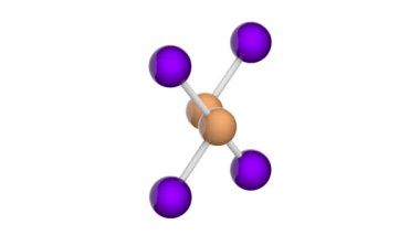 Diphosphorus tetraiodide formülü P2I4 veya I4P2 olan bir turuncu kristal katıdır. 3 boyutlu görüntüleme. Kusursuz döngü. Kimyasal yapı modeli, top ve sopa. Beyaz arkaplan