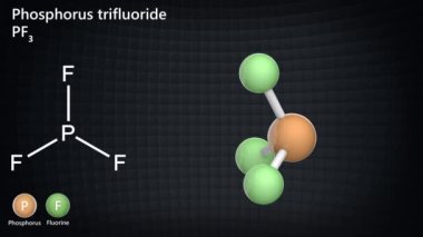 Fosfor triflorür (triflorofosfat veya Perflorofosfat). Formül PF3 veya F3P. 3 boyutlu görüntüleme. Kusursuz döngü. Kimyasal yapı modeli: Top ve Sopa.