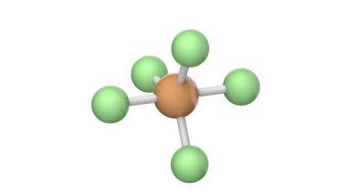 Fosfor pentaflorür (Fosfor (V) florür), formül PF5 veya F5P. Renksiz, zehirli bir gazdır. 3 boyutlu görüntüleme. Kusursuz döngü. Kimyasal yapı modeli, top ve sopa. Beyaz arkaplan