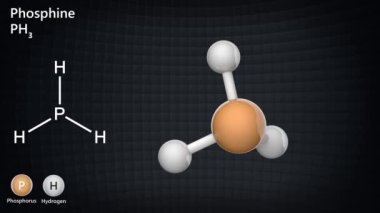 Fosfin (Phosphorus trihydride) kimyasal formülü PH3 veya H3P olan bir bileşiktir. 3 boyutlu görüntüleme. Kusursuz döngü. Kimyasal yapı modeli: Top ve Sopa.