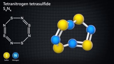 Tetrasulfur tetranitride formülü S4N4 veya N4S4 olan bir inorganik bileşiktir. 3 boyutlu görüntüleme. Kusursuz döngü. Kimyasal yapı modeli: Top ve Sopa.