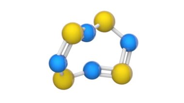 Tetrasulfur tetranitride formülü S4N4 veya N4S4 olan bir inorganik bileşiktir. 3 boyutlu görüntüleme. Kusursuz döngü. Kimyasal yapı modeli, top ve sopa. Beyaz arkaplan
