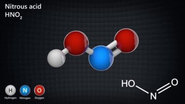 Nitroz asit (Hydroxidooxidonitrogen) zayıf ve monoprotik asittir. Moleküler formül HNO2. 3 boyutlu görüntüleme. Kusursuz döngü. Kimyasal yapı modeli: Top ve Sopa.