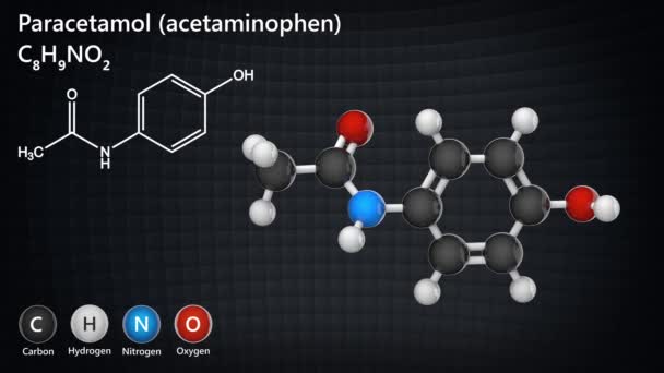 パラセタモール アセトアミノフェン の分子構造 痛みや発熱を治療するために使用される薬 C8H9No2 3Dレンダリング シームレスなループだ 化学構造モデル ボールと棒 — ストック動画