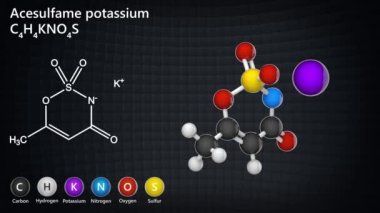 Acesulfame potasyum (Acesulfame K), formül: C4H4KNO4S, yapay tatlandırıcı, E950 gıda katkı maddesi. 3 boyutlu görüntüleme. Kusursuz döngü. Kimyasal yapı modeli: Top ve Sopa.