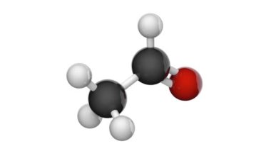 Asetaldehit (Ethanal), formül CH3CHO veya C2H4O. Diğer isimler: asetik aldehit, etil aldehit, asetilaldehit. 3 boyutlu görüntüleme. Kusursuz döngü. Kimyasal yapı modeli, top ve sopa. Beyaz arkaplan