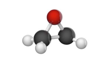 Ethylene oxirane (Epoxyethane veya Oxacyclopropane) formülü C2H4O olan organik bir bileşiktir. 3 boyutlu görüntüleme. Kusursuz döngü. Kimyasal yapı modeli, top ve sopa. Beyaz arkaplan