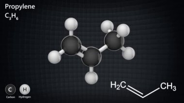 Propilen (Propilen), soluk bir petrolü olan renksiz bir gazdır. Formül, C3H6. 3 boyutlu görüntüleme. Kusursuz döngü. Kimyasal yapı modeli: Top ve Sopa.