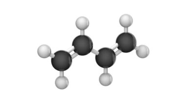 1,3-Butadiene (C4H6) sentetik, renksiz bir gazdır. Diğer isimler: Biethylene, Erythrene, Bivinyl, Butadiene, Divinyl, Vinylethylene. 3 boyutlu görüntüleme. Kusursuz döngü. Beyaz arkaplan