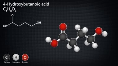 4-hidroksibutanoik asit (Gama-Hidroksibürik asit veya GHB), nörotransmitter ve psikoaktif bir ilaçtır. 3 boyutlu görüntüleme. Kusursuz döngü. Kimyasal yapı modeli: Top ve Sopa.