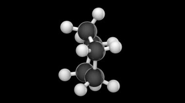 Yapısal kimyasal formül ve siklopentanın moleküler yapısı (pentametilen). Formül, C5H10. 3 boyutlu görüntüleme. Kusursuz döngü. Kimyasal yapı modeli, top ve sopa. Siyah arkaplan