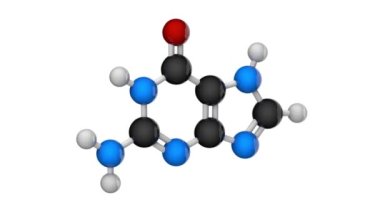 Guanine 'in kimyasal yapısal formülü ve modeli. Nitrojen bazlı moleküler yapı (DNA ve RNA parçaları). C5H5N50. 3 boyutlu görüntüleme. Kusursuz döngü. Kimyasal yapı modeli: Top ve Sopa.