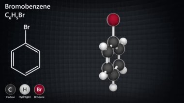 Bromobenzen (Brombenzol, Fenil Bromid). Keskin kokulu, renksiz bir sıvı. Formül: C6H5Br (PhBr). 3 boyutlu görüntüleme. Kusursuz döngü. Kimyasal yapı modeli: Top ve Sopa.
