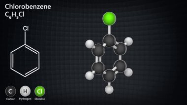 Klorobenzen (fenil klorür) aromatik organik bir bileşiktir. Moleküler formül C6H5CI. 3 boyutlu görüntüleme. Kusursuz döngü. Kimyasal yapı modeli: Top ve Sopa.