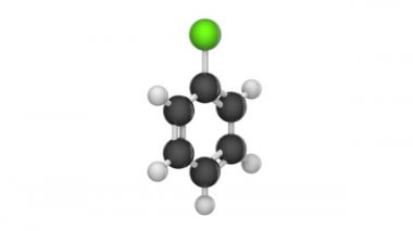 Klorobenzen (fenil klorür) aromatik organik bir bileşiktir. Moleküler formül C6H5CI. 3 boyutlu görüntüleme. Kusursuz döngü. Kimyasal yapı modeli, top ve sopa. Beyaz arkaplan