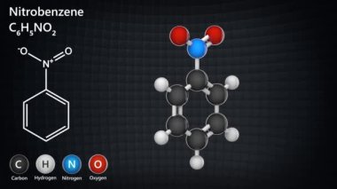 Nitrobenzen (Nitrobenzol veya Mirbane yağı). Moleküler formül: C6H5NO2. 3 boyutlu görüntüleme. Kusursuz döngü. Kimyasal yapı modeli: Top ve Sopa.
