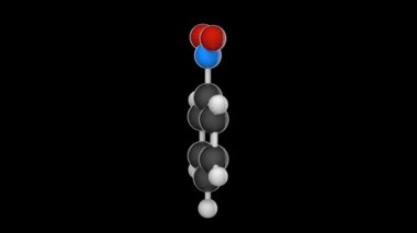 Nitrobenzen (Nitrobenzol veya Mirbane yağı). Moleküler formül: C6H5NO2. 3 boyutlu görüntüleme. Kusursuz döngü. Kimyasal yapı modeli, top ve sopa. RGB + Alpha (Şeffaf) kanalı