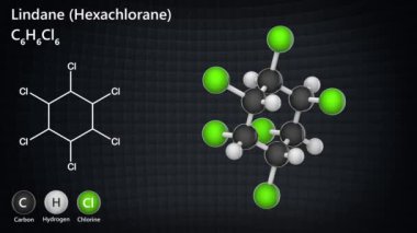Lindane ya da Hexachlorane, formül: C6H6Cl6, kereste, kereste ve ekinler için böcek ilacı olarak kullanılır. 3 boyutlu görüntüleme. Kusursuz döngü. Kimyasal yapı modeli: Top ve Sopa.