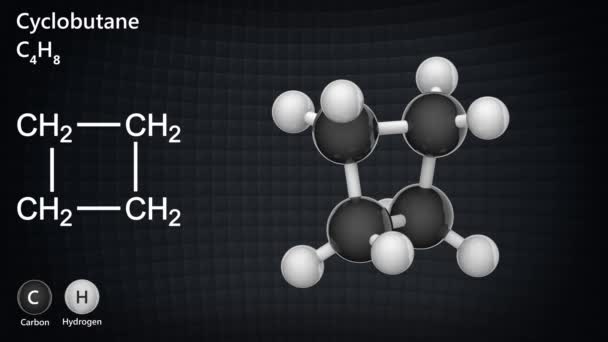 Strukturchemische Formel und molekulare Struktur von Cyclobutan (C4H8). 3D-Renderer. Nahtlose Schleife. Chemische Struktur Modell: Ball und Stock.