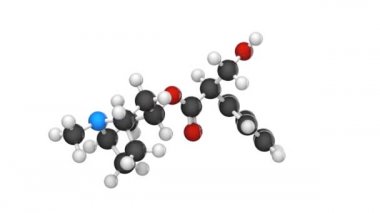 Atropin (Atropen), belli sinir gazlarının tedavisinde kullanılan bir ilaçtır. C17H23NO3. Kimyasal yapı modeli, top ve sopa. 3 boyutlu görüntüleme. Kusursuz döngü. Beyaz arkaplan