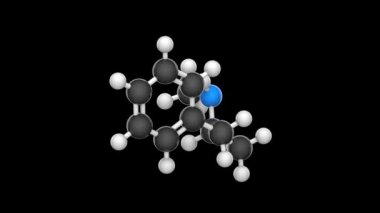 Metamfetamin (N-methylamphetamine, C10H15N) güçlü bir merkezi sinir sistemi uyarıcısıdır. Kimyasal yapı modeli, top ve sopa. 3 boyutlu görüntüleme. Kusursuz döngü. Siyah arkaplan