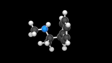 Metamfetamin (N-methylamphetamine, C10H15N) güçlü bir merkezi sinir sistemi uyarıcısıdır. Kimyasal yapı modeli, top ve sopa. 3 boyutlu görüntüleme. Kusursuz döngü. RGB + Alpha (Şeffaf) kanalı