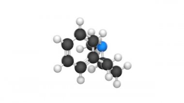 Metamfetamin (N-methylamphetamine, C10H15N) güçlü bir merkezi sinir sistemi uyarıcısıdır. Kimyasal yapı modeli, top ve sopa. 3 boyutlu görüntüleme. Kusursuz döngü. Beyaz arkaplan
