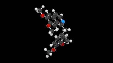 Papaverine (Papaverin) bir afyon alkaloit antispazmotik ilaçtır. Formül: C20H21NO4. Kimyasal yapı modeli, top ve sopa. 3 boyutlu görüntüleme. Kusursuz döngü. Siyah arkaplan