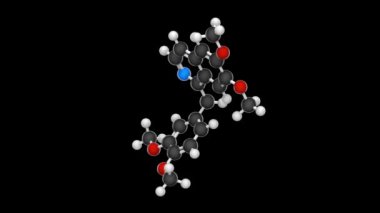 Papaverine (Papaverin) bir afyon alkaloit antispazmotik ilaçtır. Formül: C20H21NO4. Kimyasal yapı modeli, top ve sopa. 3 boyutlu görüntüleme. Kusursuz döngü. RGB + Alpha (Şeffaf) kanalı