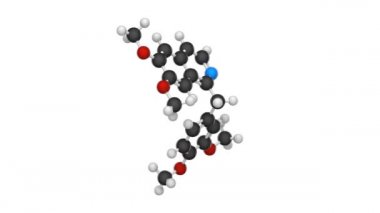Papaverine (Papaverin) bir afyon alkaloit antispazmotik ilaçtır. Formül: C20H21NO4. Kimyasal yapı modeli, top ve sopa. 3 boyutlu görüntüleme. Kusursuz döngü. Beyaz arkaplan